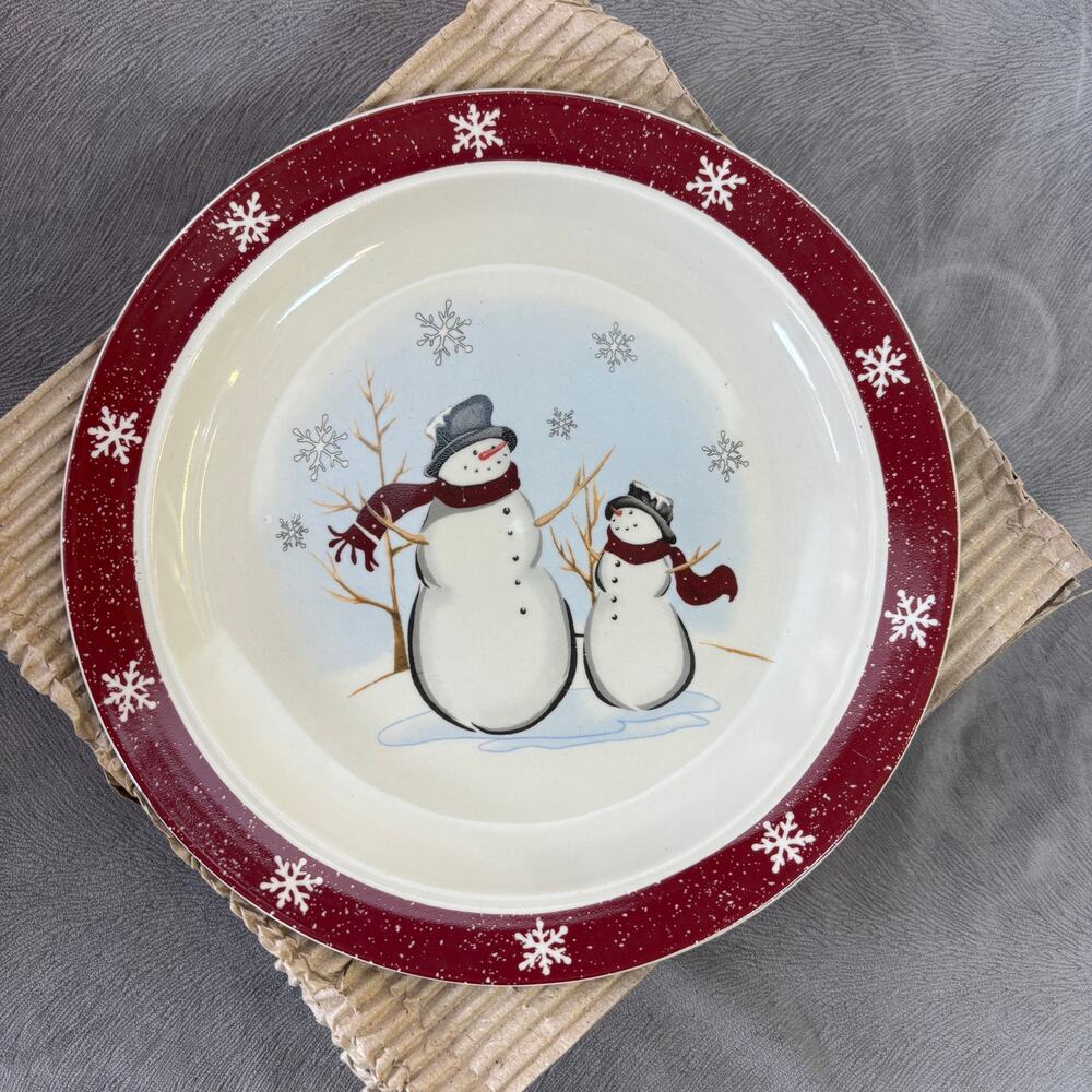 Royal Seasons Snowmen Stoneware Dinner Plates Lot of 2 New Red Rim RN1